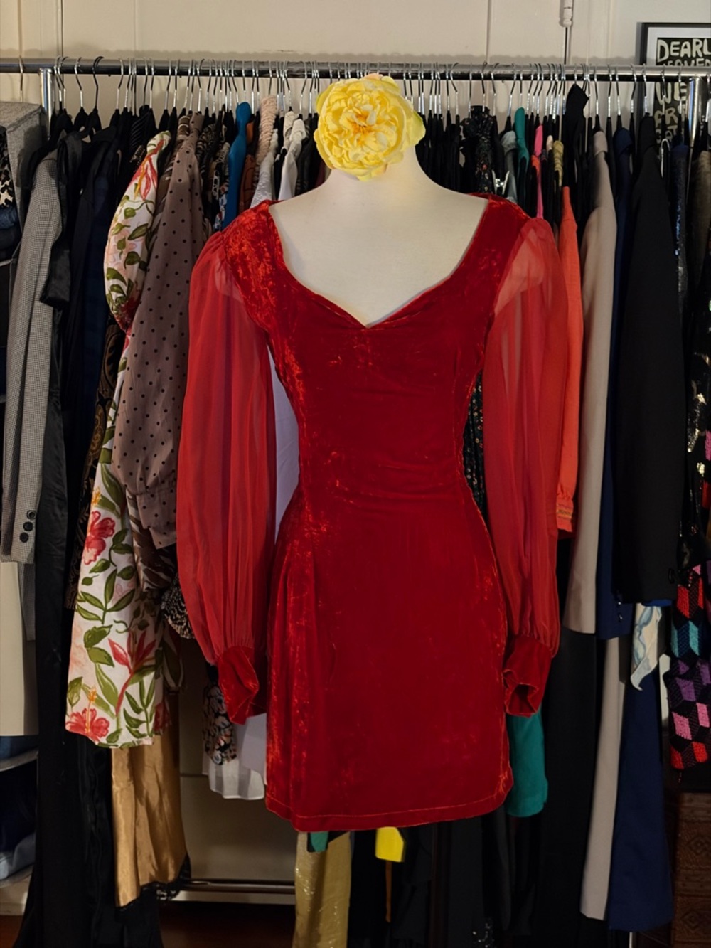 80’s Women's Red Velvet Mini Dress with Sheer Long Sleeves
